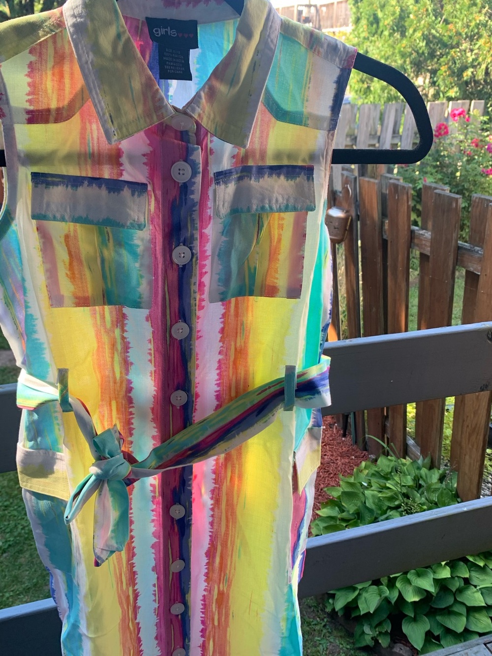 Girls Rainbow Stripe Button-Front Casual Dress with Tie Belt